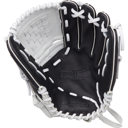 The Easton Fundamental 12" Fastpitch Softball Glove (FMFP12B) features black and white oil-tanned cowhide leather, white laces, an open palm with embossed Easton branding, webbing, and an adjustable closure system.