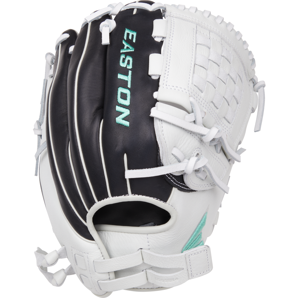 The Easton Fundamental 12" Fastpitch Softball Glove (FMFP12B) features a white and black design with light blue accents and laces, the Easton logo on the back, and is crafted from durable oil-tanned cowhide leather.