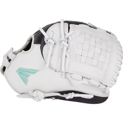 The Easton Fundamental 12" Fastpitch Softball Glove (FMFP12B) is shown in white and black with a woven pocket, white laces, adjustable closure, and a teal Easton logo on the side against a plain white background.