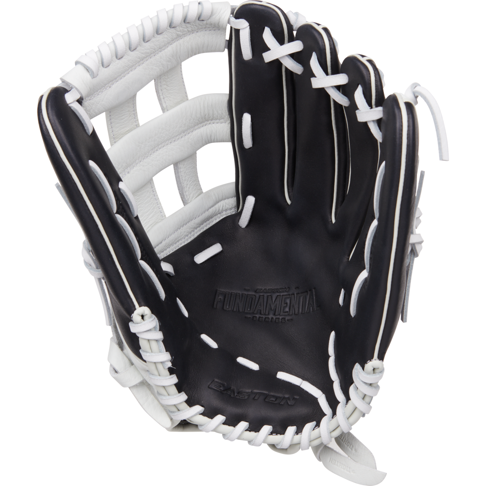 The Easton Fundamental 13" Fastpitch Softball Glove (FMFP13B) features black and white oil-tanned cowhide leather, white laces, "FUNDAMENTAL" embossed on the palm, and is shown open with the inner side facing up.