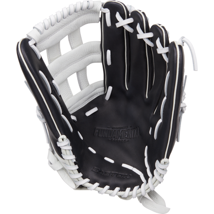 The Easton Fundamental 13" Fastpitch Softball Glove (FMFP13B) features black and white oil-tanned cowhide leather, white laces, "FUNDAMENTAL" embossed on the palm, and is shown open with the inner side facing up.