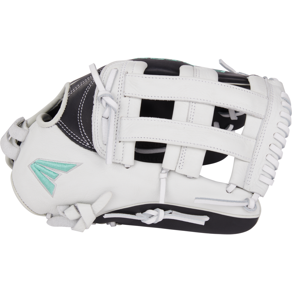The Easton Fundamental 13" Fastpitch Softball Glove (FMFP13B) features a white and black design with light blue stitching and logo, crafted from oil-tanned cowhide leather, shown from the side with visible webbing and laces.