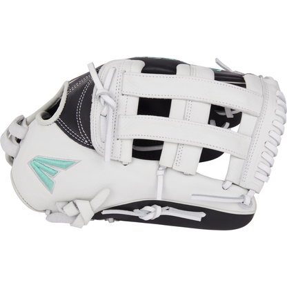 The Easton Fundamental 13" Fastpitch Softball Glove (FMFP13B) features a white and black design with light blue stitching and logo, crafted from oil-tanned cowhide leather, shown from the side with visible webbing and laces.
