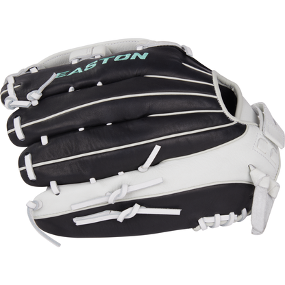The Easton Fundamental 13" Fastpitch Softball Glove (FMFP13B) is a black and white glove with white laces, made of oil-tanned cowhide leather, featuring a partially open web and Quantum Closure System, shown side view.