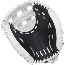 A close-up of the Easton Fundamental 33" Fastpitch Catcher's Mitt (FMFP233B) shows its deep pocket, white stitching, laced edges, and “Fundamental” printed on the black palm. The Easton glove is open for display.