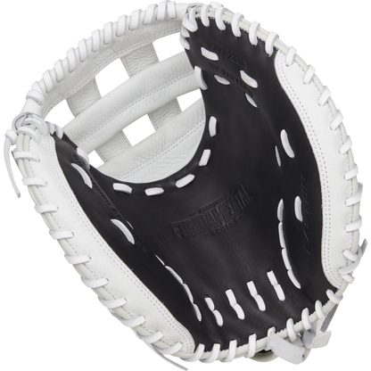 A close-up of the Easton Fundamental 33" Fastpitch Catcher's Mitt (FMFP233B) shows its deep pocket, white stitching, laced edges, and “Fundamental” printed on the black palm. The Easton glove is open for display.