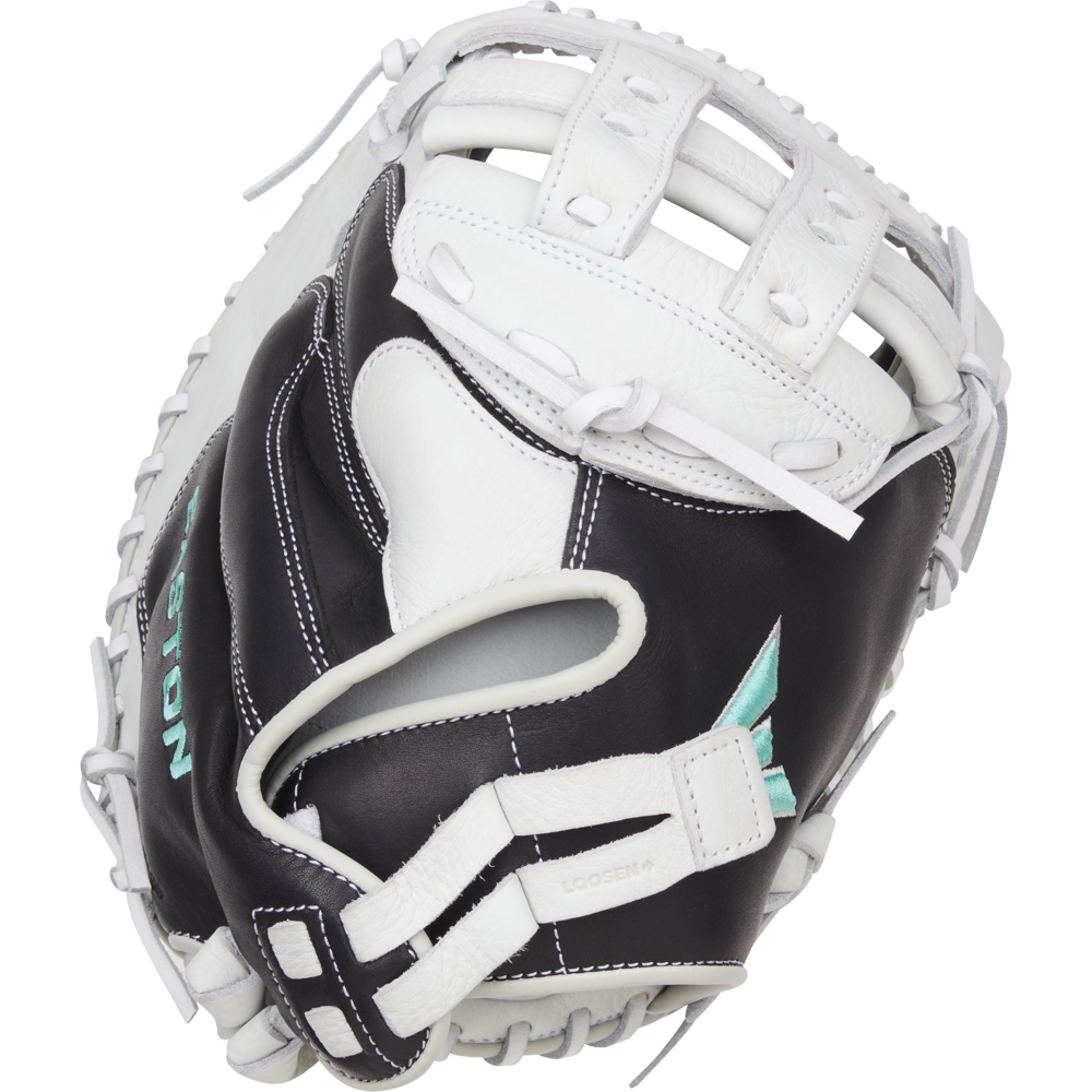 The Easton Fundamental 33" Fastpitch Catcher's Mitt: FMFP233B features a black and white design, visible stitching, a partially open pocket, branded details, and finger slots.
