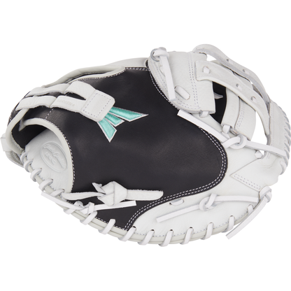 The Easton Fundamental 33" Fastpitch Catcher's Mitt (FMFP233B) is a black and white mitt with teal stitching, a teal side logo, white laces, and accents.