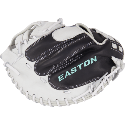 The Easton Fundamental 33" Fastpitch Catcher's Mitt (FMFP233B) features a black and white design with visible white stitching and "EASTON" printed in light blue on the palm—ideal for fastpitch catchers.