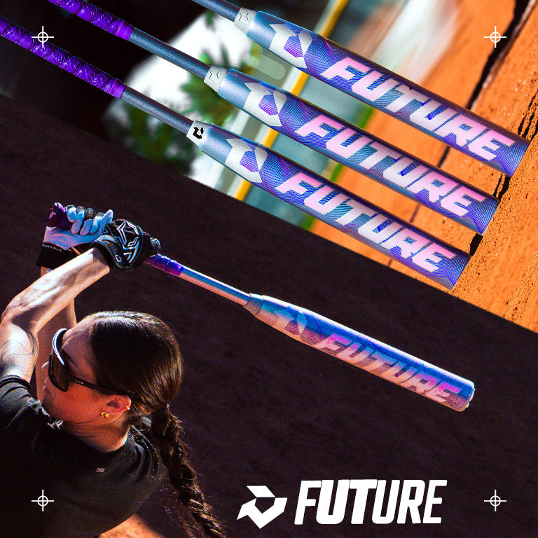 Three purple and blue DeMarini 2027 Future (-10) Fastpitch Softball Bats (WBD2727010) are shown; below, a player in sunglasses and glove swings one on the field. Features Balanced Swing Weight and Dark Matter Composite Gapped Wall Barrel.