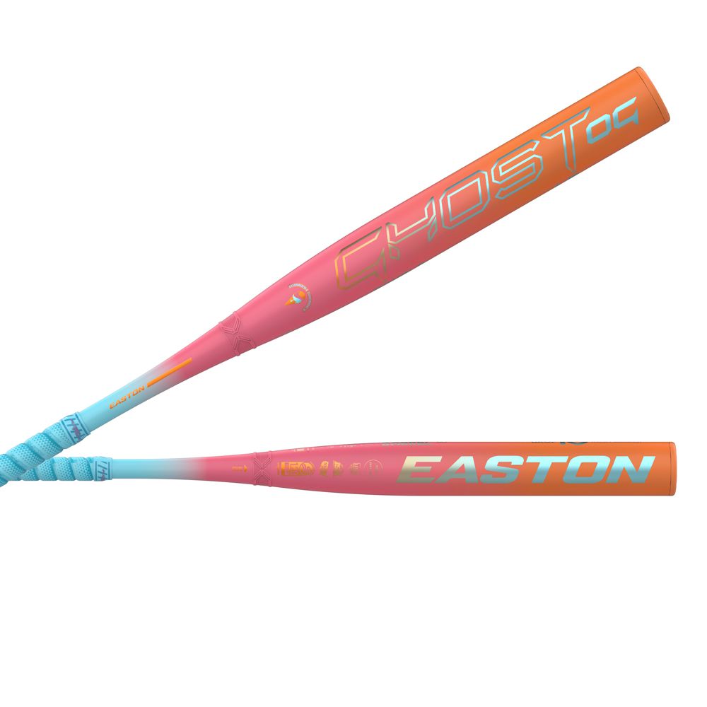 The 2025 Easton Ghost OG Rainbow Sherbet (-11) Fastpitch Softball Bat features a vibrant orange, pink, and turquoise gradient design with large GHOST and EASTON logos and Double Barrel construction.