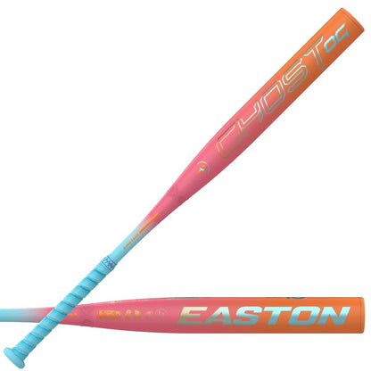 Two views of the 2025 Easton Ghost OG Rainbow Sherbet (-11) Fastpitch Softball Bat, featuring a blue grip, pink and orange barrel with bold GHOST and EASTON logos, and advanced Double Barrel construction for peak performance.