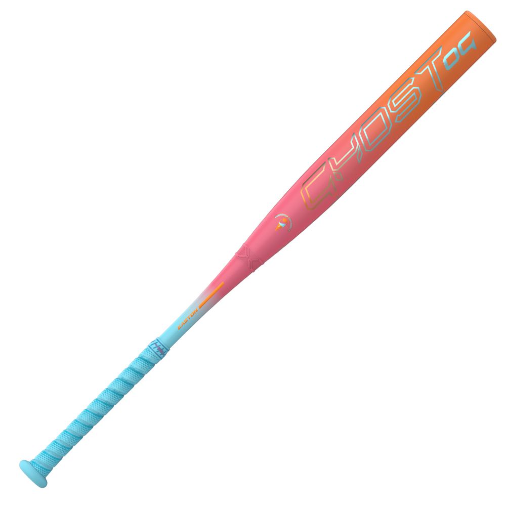 Easton Ghost OG Rainbow Sherbet fastpitch softball bat showing the fade colors from blue to pink to orange on the bat with the ghost og logo