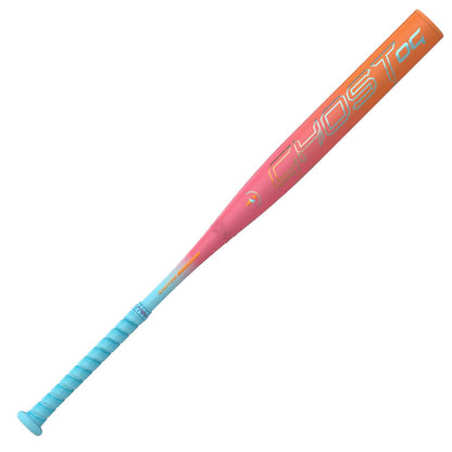The 2025 Easton Ghost OG Rainbow Sherbet (-10) Fastpitch Softball Bat by Easton features a turquoise handle, pink-to-orange gradient barrel, bold GHOST lettering, 00 near the end, and advanced Sonic Comp technology.