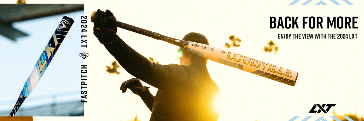 A person holds a Louisville Slugger LXT fastpitch softball bat in the air, with sunlit trees in the background. Text reads: Back for more. Enjoy the view with the 2024 LXT.