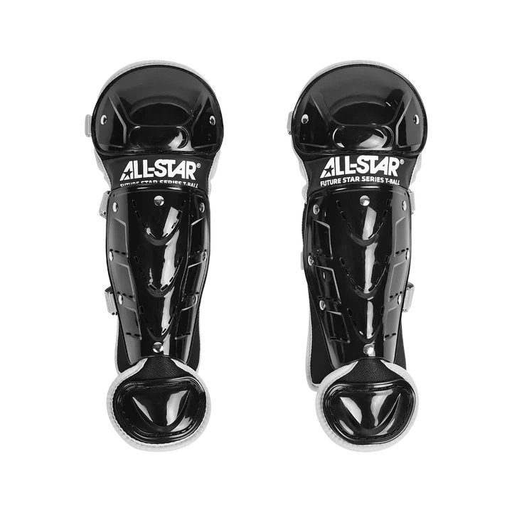 A pair of All Star Future Star Catcher’s Leg Guards (LG-FS) in black, featuring double-knee protection and silver trim for enhanced safety, displayed against a white background—a must-have piece of youth baseball equipment.