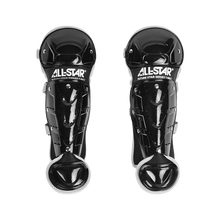 A pair of All Star Future Star Catcher’s Leg Guards (LG-FS) in black, featuring double-knee protection and silver trim for enhanced safety, displayed against a white background—a must-have piece of youth baseball equipment.