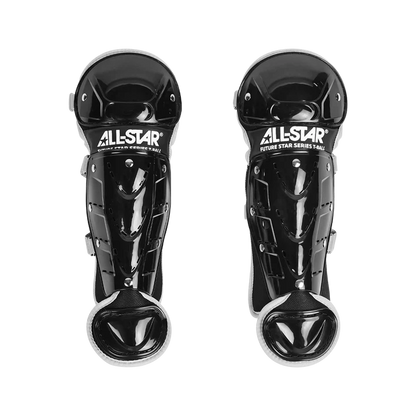 A pair of All Star Future Star Catcher’s Leg Guards (LG-FS) in black, featuring double-knee protection and silver trim for enhanced safety, displayed against a white background—a must-have piece of youth baseball equipment.