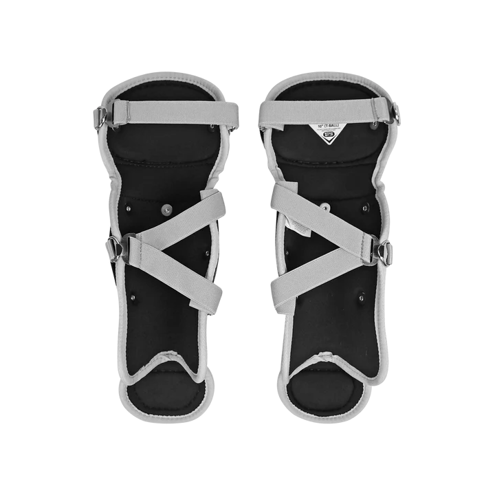 A pair of All Star Future Star Catcher’s Leg Guards: LG-FS by All Star, shown in black and gray with adjustable straps, designed as double-knee catcher leg guards, displayed side by side on a white background.