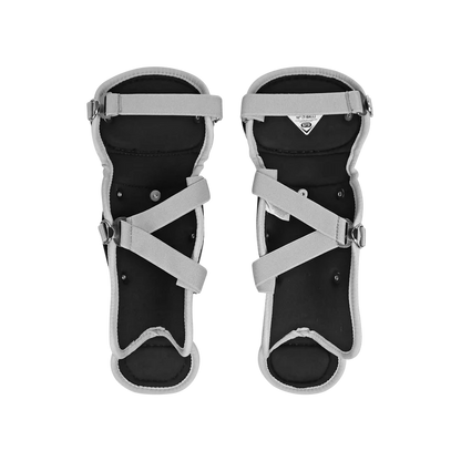 A pair of All Star Future Star Catcher’s Leg Guards: LG-FS by All Star, shown in black and gray with adjustable straps, designed as double-knee catcher leg guards, displayed side by side on a white background.