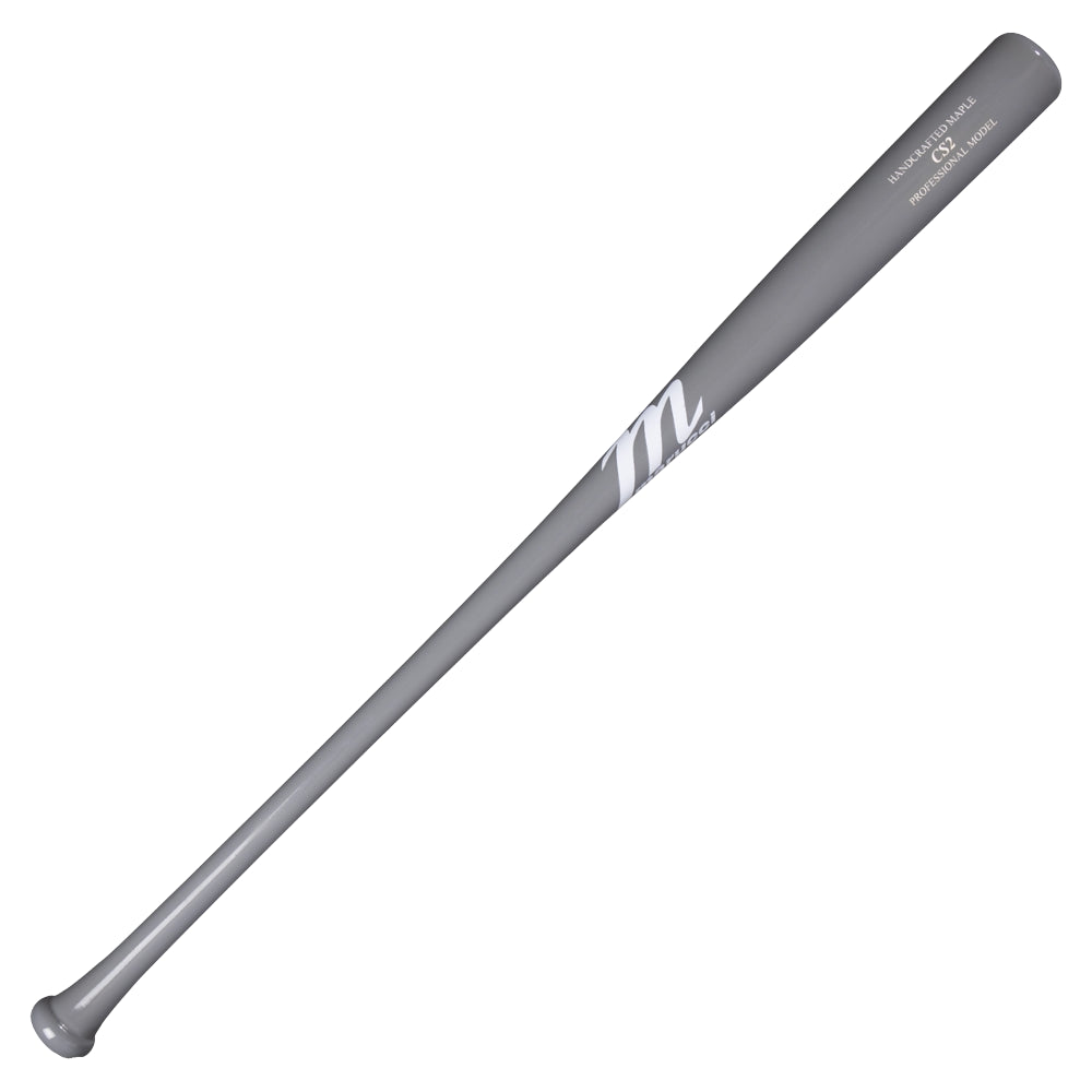 The Marucci Maple Fungo 35" Wood Training Bat (FUNGO-M-GG) is a gray wooden bat featuring a white stylized M logo and text near the barrel, part of the Marucci Coaches’ Series, shown isolated on a white background.