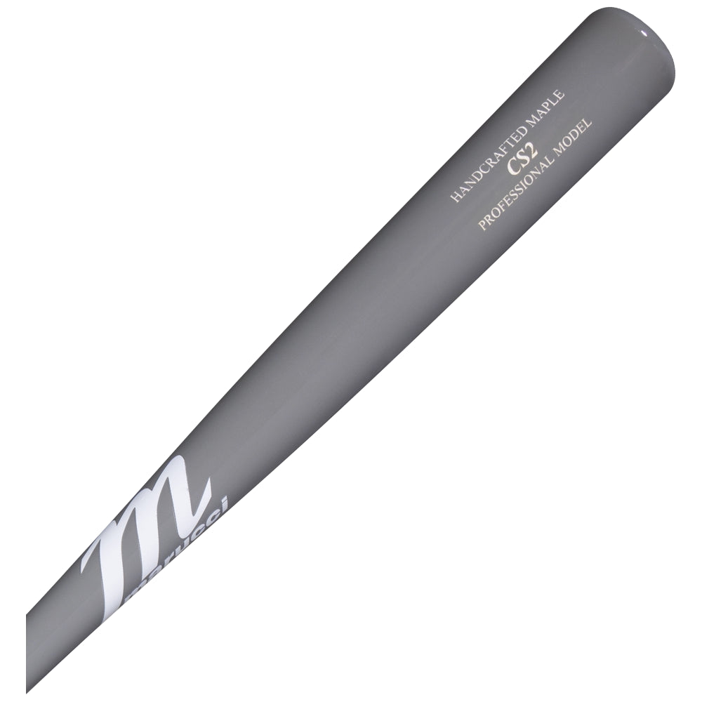 A premium gray wooden Marucci Maple Fungo 35" Wood Training Bat (FUNGO-M-GG) from the Coaches’ Series, featuring “Marucci,” “HANDCRAFTED MAPLE,” “CS2,” and “PROFESSIONAL MODEL” printed in white on the barrel—a high-quality maple fungo designed for durability and performance.