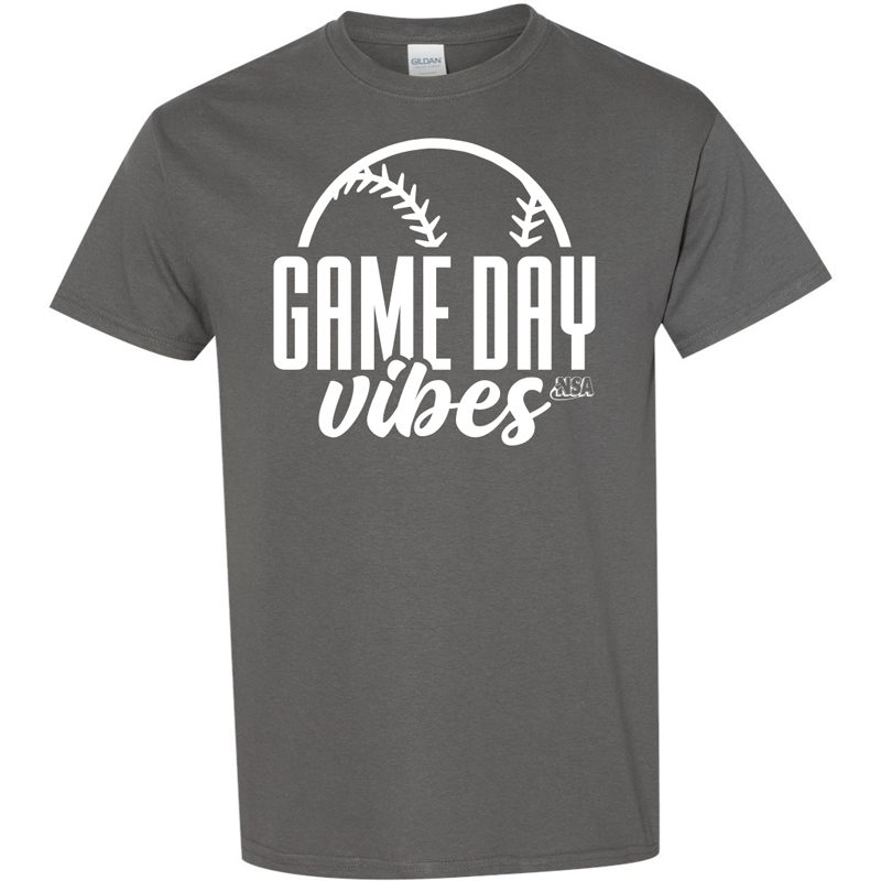 The DSG Apparel National Softball Association NSA Game Day Vibes Short Sleeve Shirt is a dark gray, classic fit top featuring a white graphic of softball seams and bold "GAME DAY vibes" text on the front.