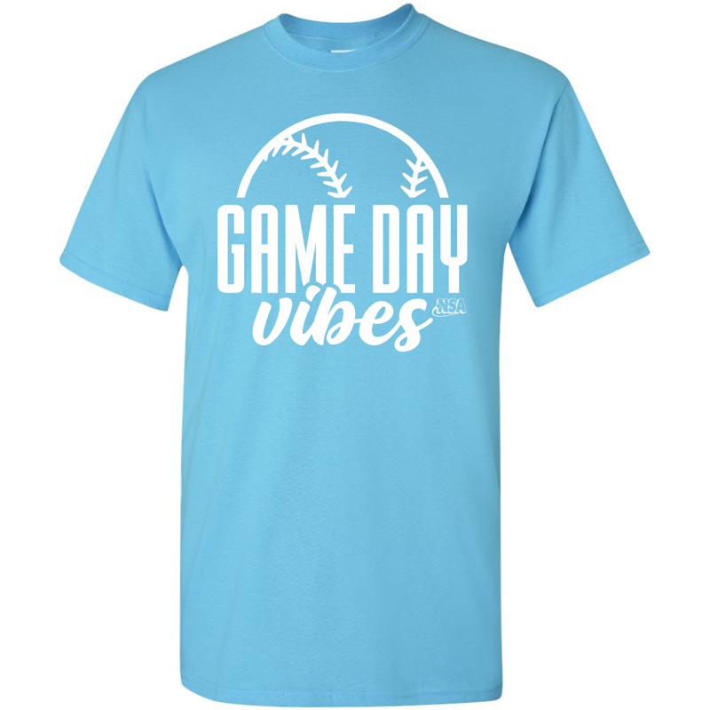 The DSG Apparel National Softball Association NSA Game Day Vibes Short Sleeve Shirt is a light blue classic fit, featuring a white baseball graphic and "GAME DAY vibes" printed on the front.