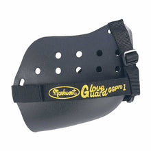 Black plastic Markwort Glove Guard: GGPRO baseball glove accessory with a row of ventilation holes and an adjustable black strap for glove protection.