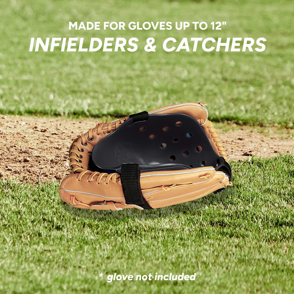 A black Markwort Glove Guard: GGPRO shaper inside a tan leather baseball glove on a grass field, with text reading Made for gloves up to 12, Infielders & catchers, and *glove not included.