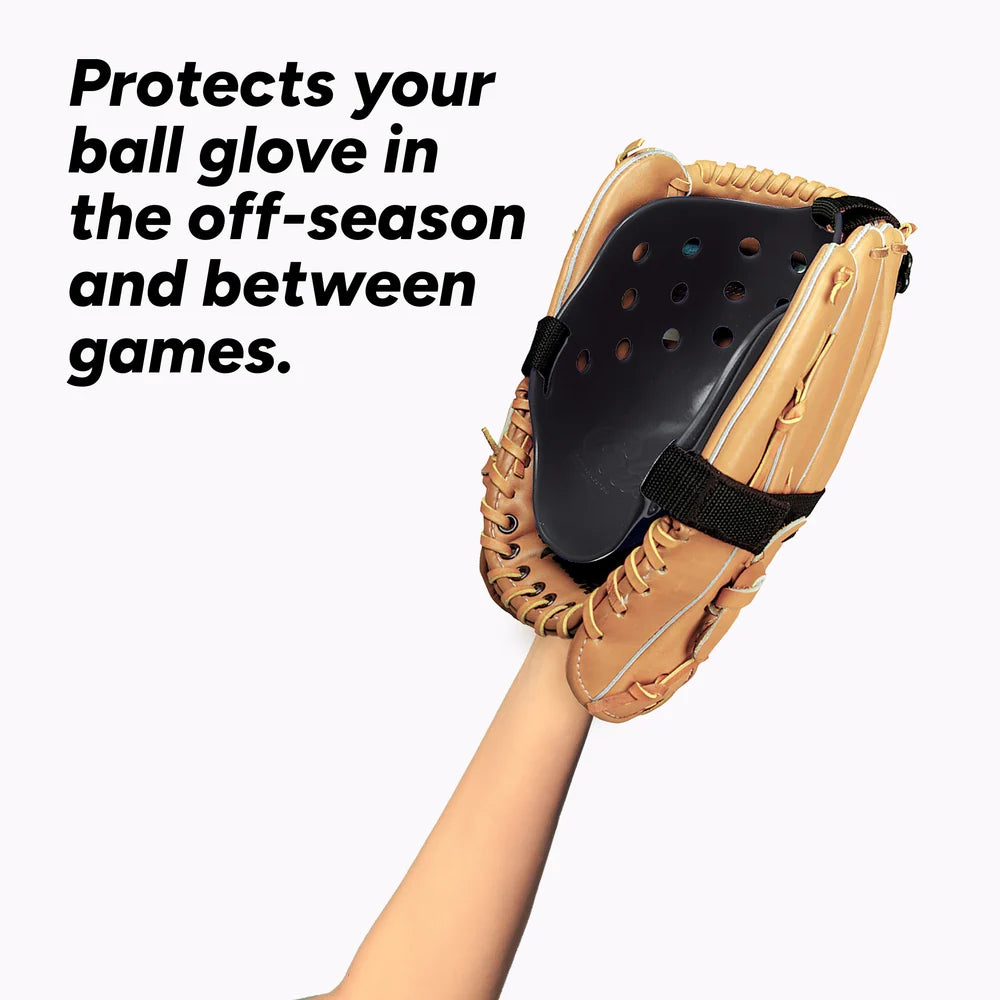 A hand holds a baseball glove fitted with a black plastic Markwort Glove Guard: GGPRO to maintain its shape, with text reading, Protects your ball glove in the off-season and between games.