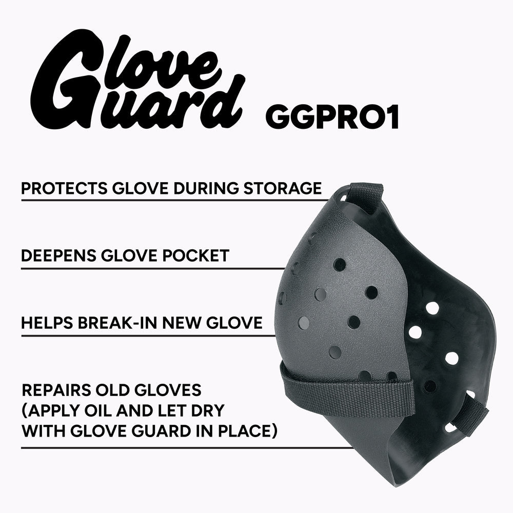 A curved, ventilated black Markwort Glove Guard: GGPRO with an elastic strap, shown alongside text listing its benefits for storing, shaping, and repairing baseball gloves.