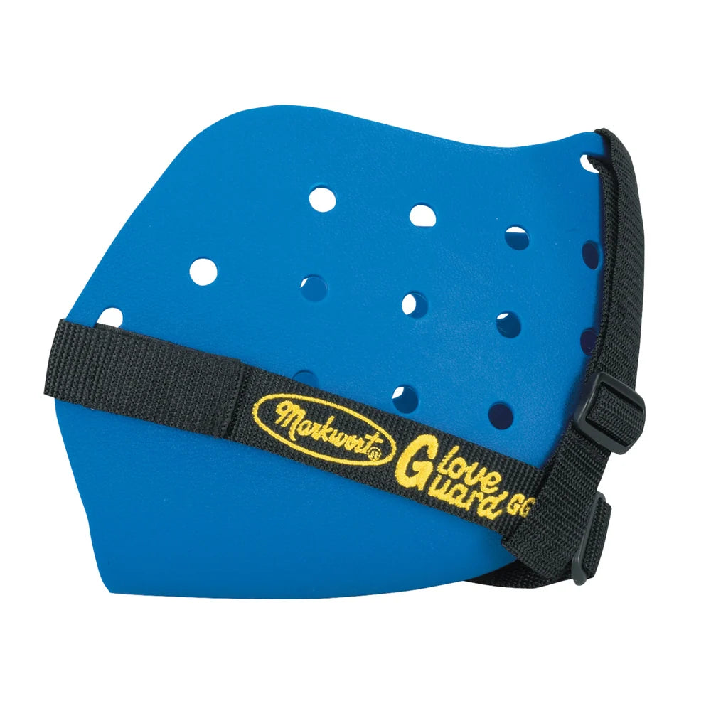 Blue molded plastic Markwort Glove Guard: GGPRO baseball glove accessory with ventilation holes and an adjustable black elastic strap.