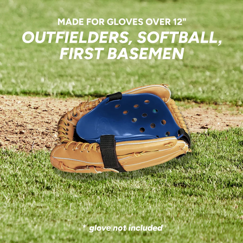 A blue Markwort Glove Guard: GGPRO shaper inside a tan leather baseball glove, designed to provide glove protection for outfitter, softball, and first base mitts over 12 inches.