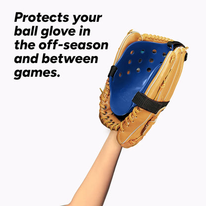 A hand holds a baseball glove containing a Markwort Glove Guard: GGPRO, which protects the gear in the off-season and between games.