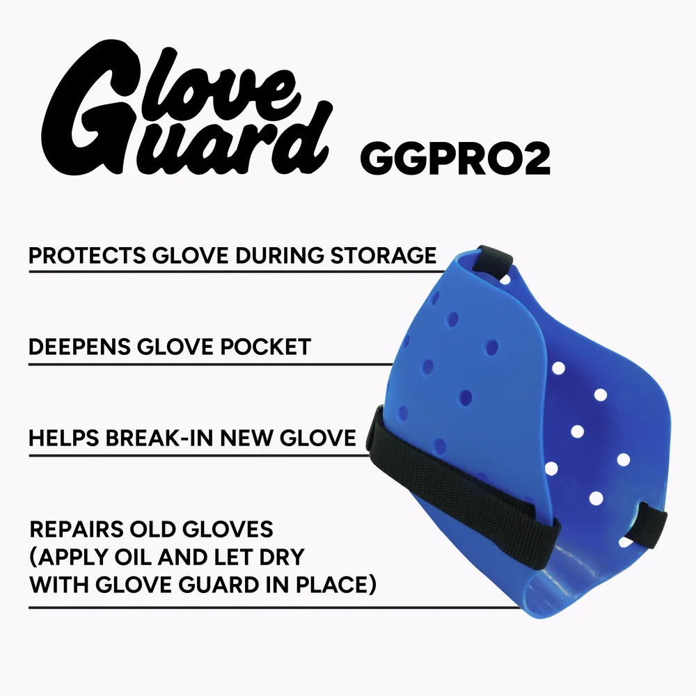 A blue molded plastic Markwort Glove Guard: GGPRO with a black strap, designed for protecting, shaping, and repairing baseball gloves.