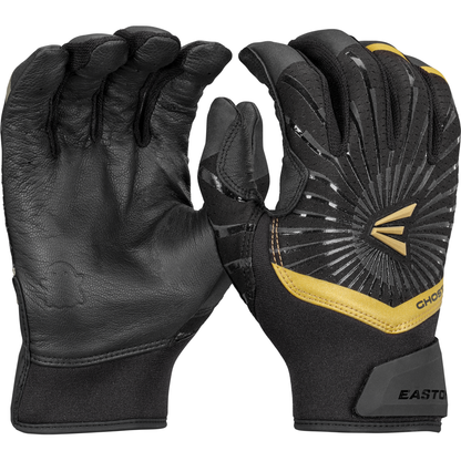 A pair of Easton Ghost Ethos Fastpitch Batting Gloves (GH26FPBG) in black with gold accents, textured palms, female-specific sizing, a wrist strap, and the Easton logo on the back. One glove shows the palm; the other displays sizing details.