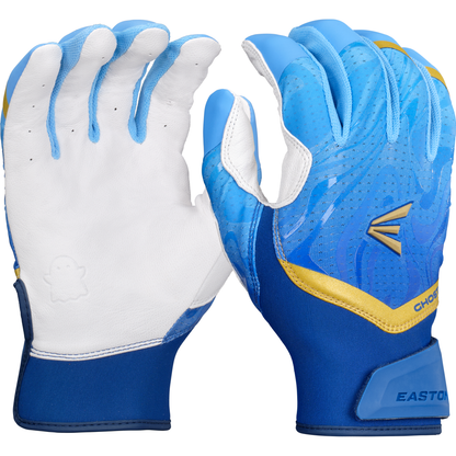 A pair of blue, white, and yellow Easton Ghost Ethos Fastpitch Batting Gloves (GH26FPBG) are shown palm up and down; one glove displays EASTON on the wrist and a stylized E logo, designed for female-specific sizing.