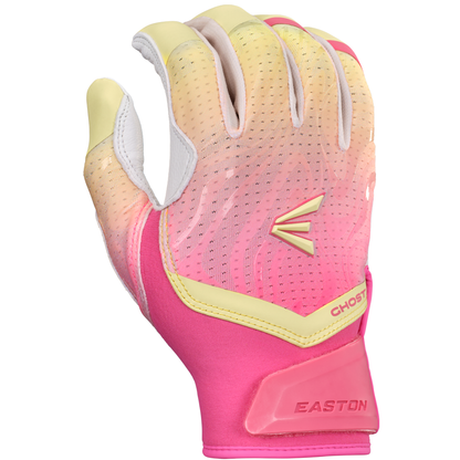 The Easton Ghost Ethos Limited Edition Fastpitch Batting Gloves (GH26FPBG) feature pink and yellow colors, perforated detailing, white stitching, and a Velcro wrist strap—ideal for softball or baseball.