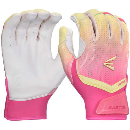 A pair of pink, white, and yellow Easton Ghost Ethos Limited Edition Fastpitch Batting Gloves (GH26FPBG), one palm up and one back shown, featuring perforated detailing and the Easton logo.