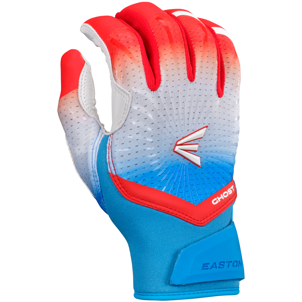 The Easton Ghost Ethos Limited Edition Fastpitch Batting Glove (GH26FPBG) features a blue wrist strap, red fingertips, white-blue gradient design, ventilation holes, and female-specific fit with Easton and Ghost branding.