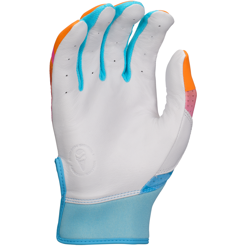 The Easton Ghost Ethos Limited Edition Fastpitch Batting Gloves: GH26FPBG, by Easton, is a white leather female-specific batting glove with blue, orange, and pink accents, palm-up design, finger perforations for ventilation, and an embossed thumb logo.