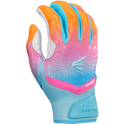 The Easton Ghost Ethos Limited Edition Fastpitch Batting Gloves (GH26FPBG) feature a vibrant orange, pink, purple, and blue gradient design with ventilation holes and the Easton logo—perfect for female fastpitch softball players.