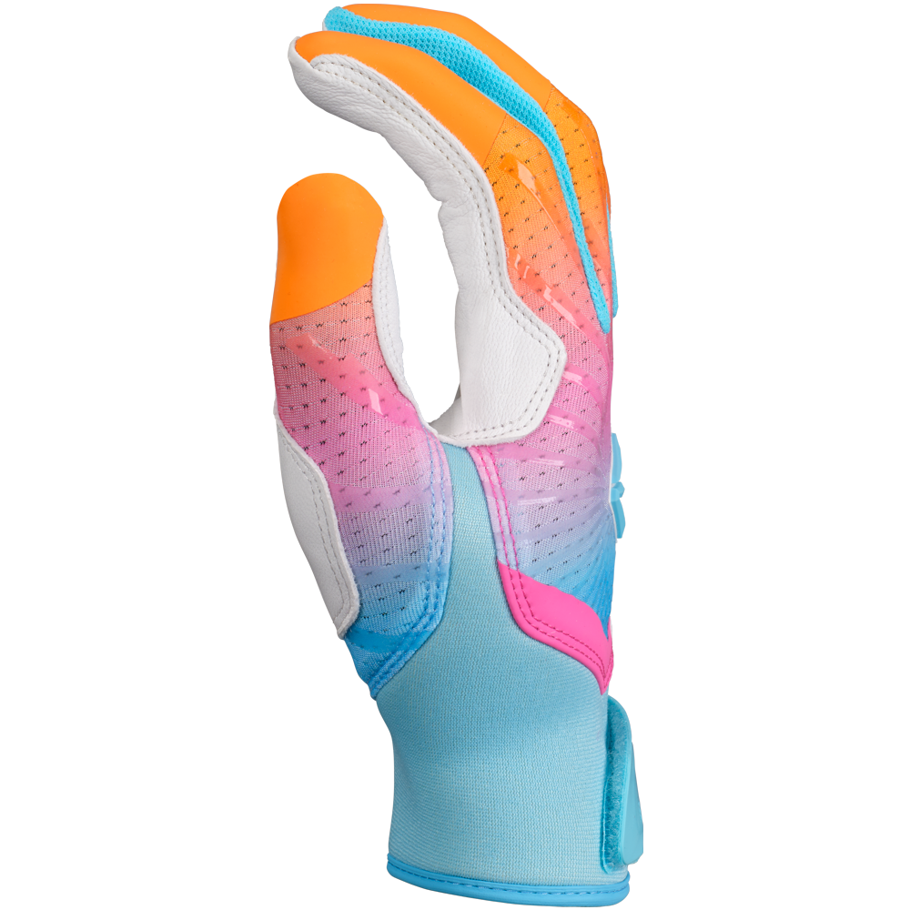 The Easton Ghost Ethos Limited Edition Fastpitch Batting Glove (GH26FPBG) features vibrant orange, blue, pink, and white colors, perforated material, and a secure wrist strap—designed by Easton for fastpitch softball athletes.