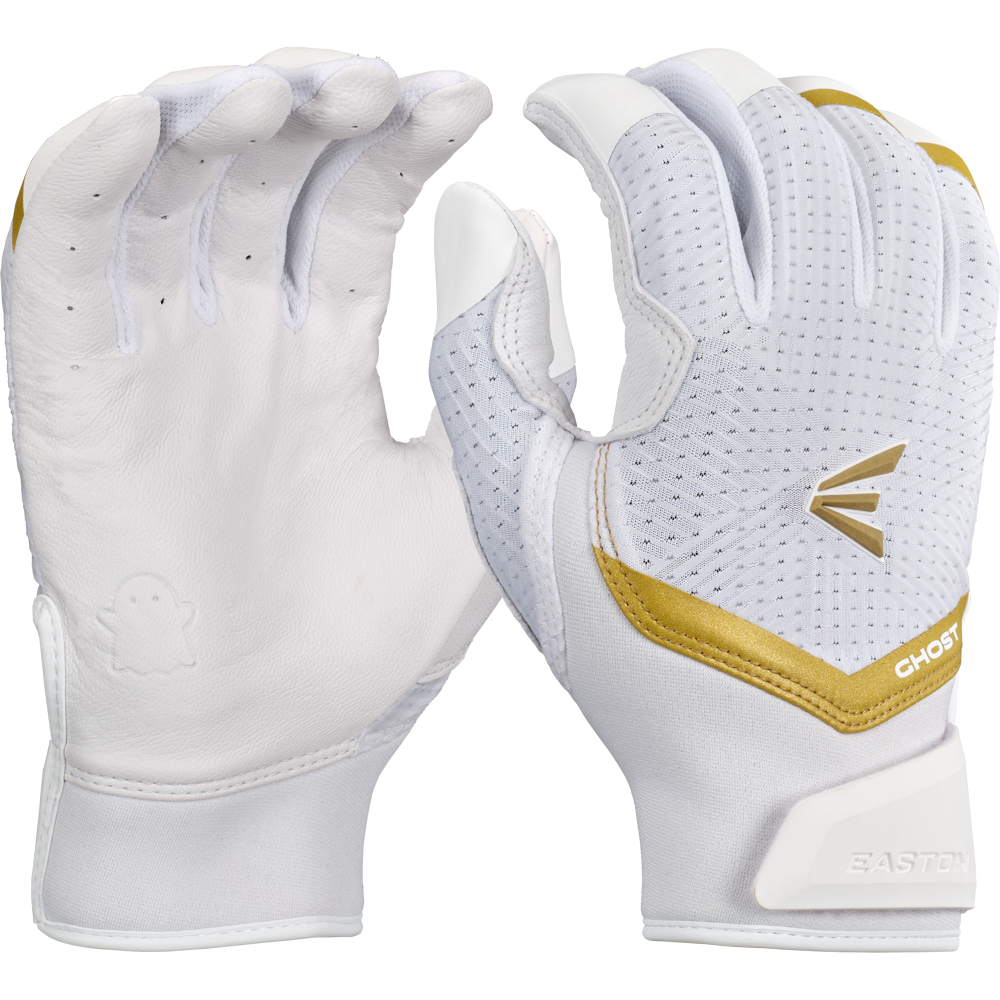 Easton Ghost Ethos Fastpitch Batting Gloves (GH26FPBG) in white and gold, feature female-specific sizing, breathable perforated back, and an Easton logo on the wrist. Shown from front and back.