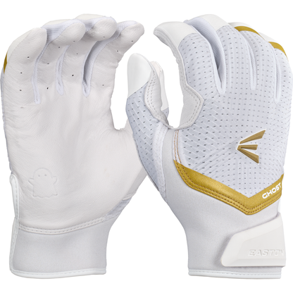 Easton Ghost Ethos Fastpitch Batting Gloves (GH26FPBG) in white and gold, feature female-specific sizing, breathable perforated back, and an Easton logo on the wrist. Shown from front and back.