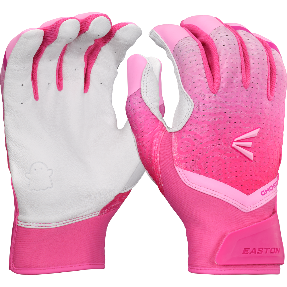 The Easton Ghost Ethos Fastpitch Batting Gloves (GH26FPBG) feature pink and white design, perforated backs, smooth palms with a ghost outline, Easton logo, and female-specific sizing for comfort.