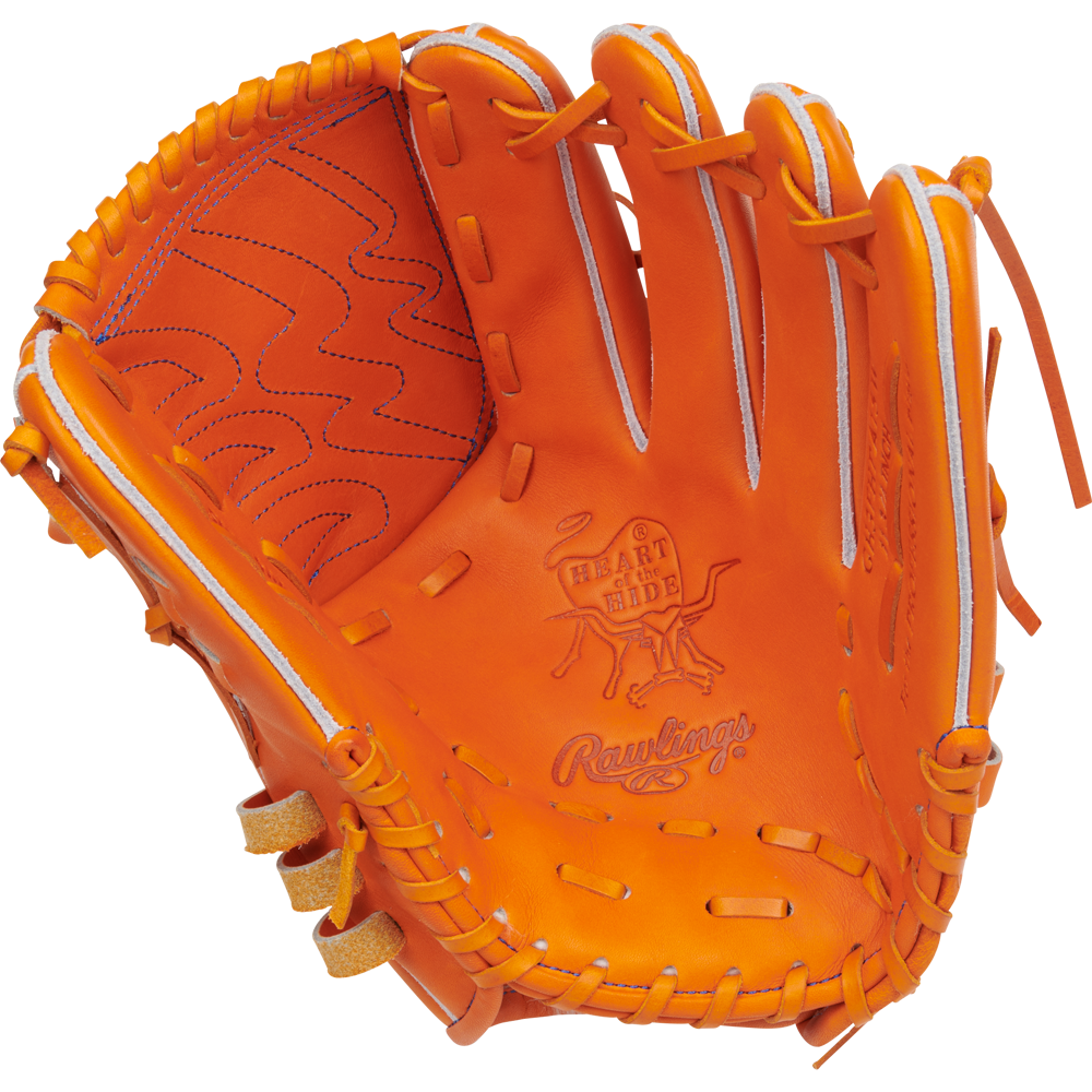 The Rawlings Heart of the Hide 11.75" Japan Series Baseball Glove (GH3FHPA15W) features orange leather, tan laces, visible stitching, and showcases the gold-embossed Heart of the Hide logo and Rawlings branding on its open palm.