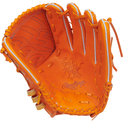 The Rawlings Heart of the Hide 11.75" Japan Series Baseball Glove (GH3FHPA15W) features orange leather, tan laces, visible stitching, and showcases the gold-embossed Heart of the Hide logo and Rawlings branding on its open palm.