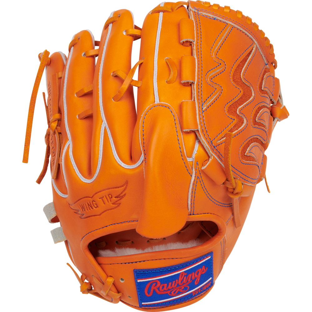 An orange Rawlings Heart of the Hide 11.75" Japan Series Baseball Glove (GH3FHPA15W) features white stitching, wing tip design, a blue/red Rawlings patch by the wrist, and premium U.S. Steerhide leather. Palm down on a white background.